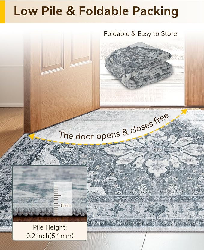 RELEANY Area Rugs Runner 2'6"x5' Washable Non-Slip, Floral Vintage Distress Medallion Carpet for Kitchen Hallway Bedroom Beside Laundry Room Bathroom, Light Gray Grey White