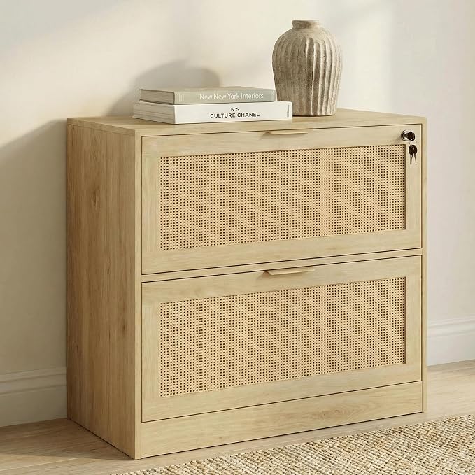 Lateral File Cabinets for Home Office, 2 Drawer Filing Cabinet with Lock, Wide Rattan Filing Organization Storage Cabinets with Printer Stand for Hanging Files/Letter/Legal/A4/F4 Size, Natural Wood