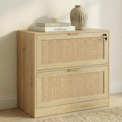 Lateral File Cabinets for Home Office, 2 Drawer Filing Cabinet with Lock, Wide Rattan Filing Organization Storage Cabinets with Printer Stand for Hanging Files/Letter/Legal/A4/F4 Size, Natural Wood