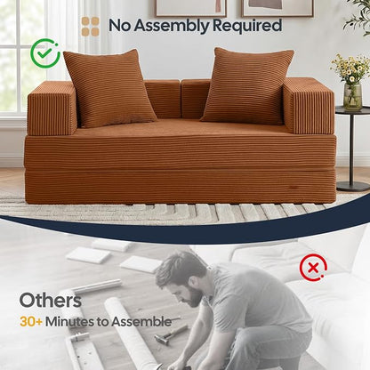 COMAX Futon Sofa Bed, 4‑in‑1 Convertible Sofa Bed, Folding Boneless Couches | Boneless Couch for living room, Fold Out Small Foldable Loveseat Floor Sleeper Mattress Lounge Space‑Saving, Orange