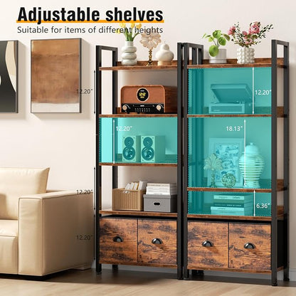 Furologee 5-Tier Bookshelf, Tall Bookcase with 2 Storage Drawers, Industrial Standing Storage Shelf, Wood Metal Display Rack for Living Room Bedroom Home Office, Rustic Brown