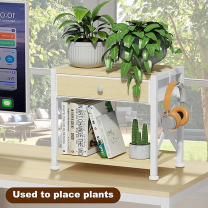 EasyCom 2-Tier Desktop Printer Stand with Large Drawer, Under Desk Storage with Wheels, Small Shelf with Storage for Paper Storage Printer Scanner Fax Home Office Use Beige
