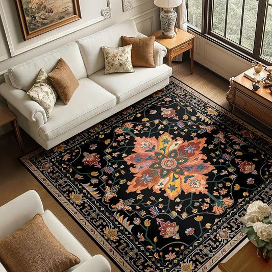 RELEANY Area Rugs Square 6ft Washable Non-Slip, Floral Vintage Distress Medallion Carpet for Living Room Bedroom Dining Room, Black Colorful Floral Dark Tan