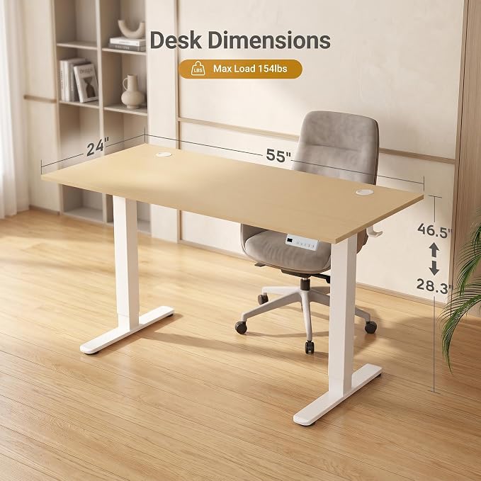 Claiks Electric Standing Desk, 55 x 24Inch Height Adjustable Sit Stand Desk for Home Office, Computer Desk with Memory Presets, Cable Management & Headphone Hooks, 156 lbs Capacity, Nature