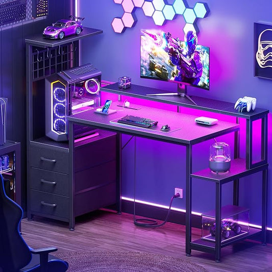 Korfile 48 Inch Gaming Desk with LED Lights & Power Outlets,Computer Desk with Fabric Drawers & Side Hook,Reversible Gamer Table with Monitor Stand for Game Room,Home Office,Carbon Fiber Black
