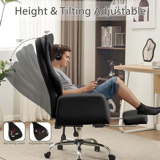Ergonomic Cross Legged Office Chair with Footrest,Leather Big and Tall Executive Chair with Lumbar Pillow,Reversible Armrest for Pets,155° Reclining Computer Wide Desk Chair for Home,Office, Black