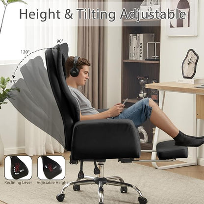 Ergonomic Cross Legged Office Chair with Footrest,Leather Big and Tall Executive Chair with Lumbar Pillow,Reversible Armrest for Pets,155° Reclining Computer Wide Desk Chair for Home,Office, Black