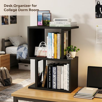 Desk Shelf Organizer, Small Desktop Bookshelf, Dorm Desk Hutch Wood, 3-Tier Desktop Organizer Shelf Storage Unit for Office, Home, Black