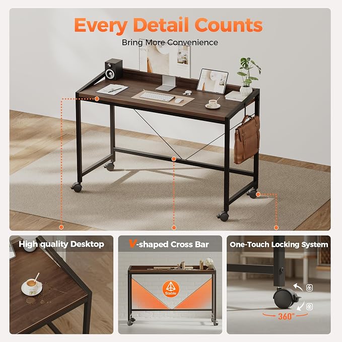 Mericonia 48 inch Rolling Computer Desk with Wheels, Gaming Desk for Small Spaces, Modern Simple Style Table for Home Office, Study Writing Table