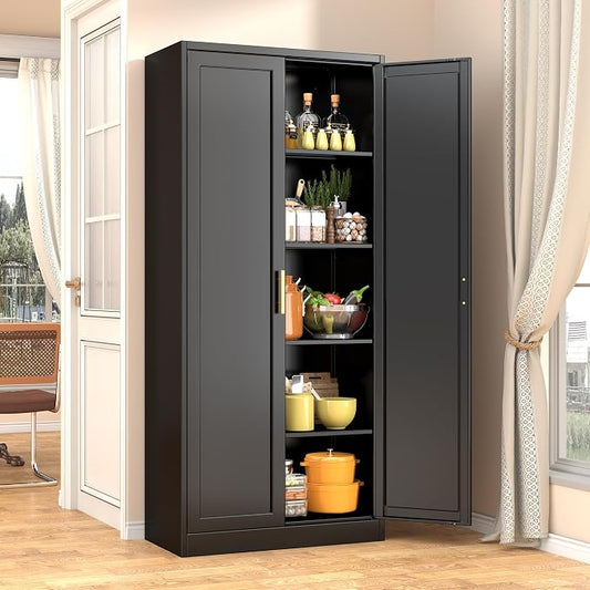 BESFUR 71" Tall Black Kitchen Pantry Cabinet, Metal Food Storage Cabinet with 4 Adjustable Shelves, Freestanding Cupboard with Doors for Kitchen, Dining Room, Living Room, Bathroom, Laundry Room