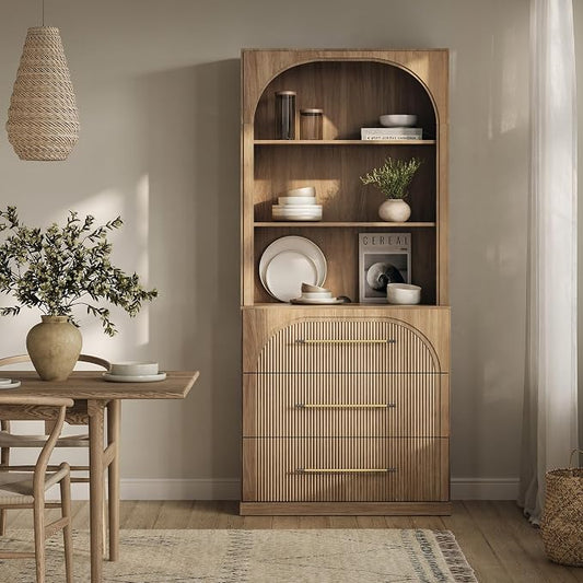 BELLEZE Tall Arched Storage Cabinet with Hutch and Drawers, Modern Bookcase with Display Open Shelves, Wood Highboard for Living Room, Kitchen Pantry and Home Office - Camel