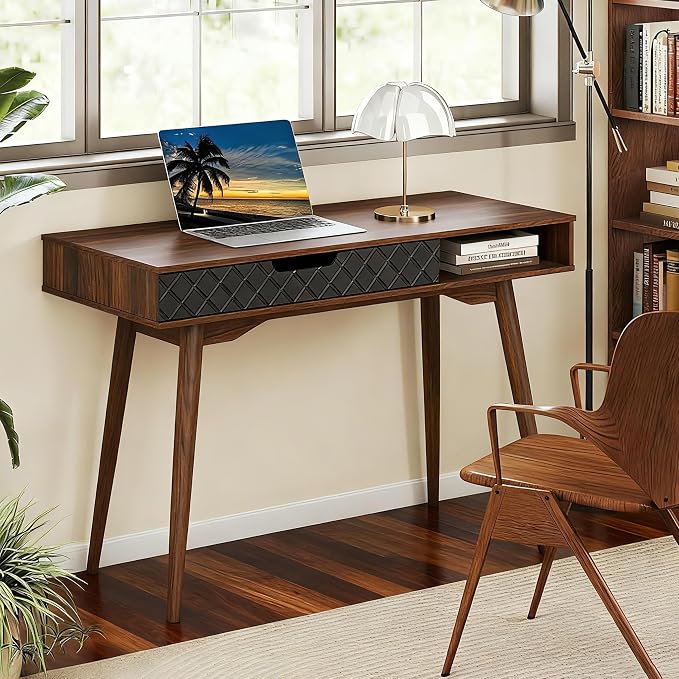 Giantex Mid Century Modern Desk, 42.5" Vintage Computer Desk with Storage Drawer & Rubber Wood Legs, Makeup Vanity Table, Wood Computer Workstation, Small Writing Desk for Bedroom, Small Space, Walnut