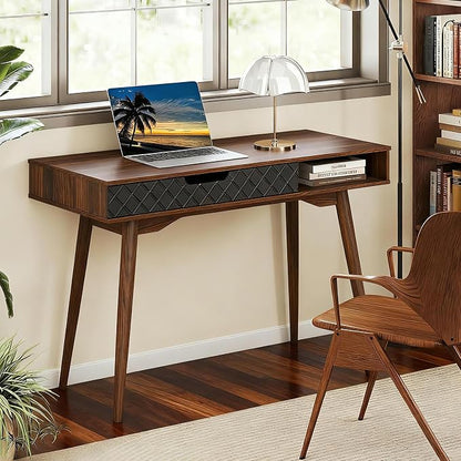 Giantex Mid Century Modern Desk, 42.5" Vintage Computer Desk with Storage Drawer & Rubber Wood Legs, Makeup Vanity Table, Wood Computer Workstation, Small Writing Desk for Bedroom, Small Space, Walnut
