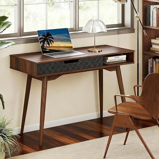 Giantex Mid Century Modern Desk, 42.5" Vintage Computer Desk with Storage Drawer & Rubber Wood Legs, Makeup Vanity Table, Wood Computer Workstation, Small Writing Desk for Bedroom, Small Space, Walnut