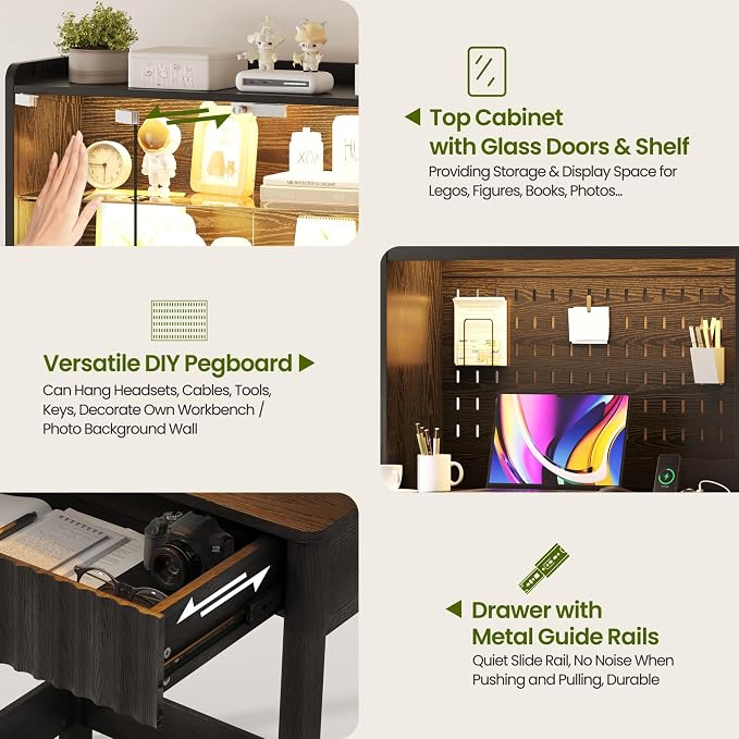 Lvifur Writing Desk with Power Outlet - Small Study Desk with LED Lights, Home Office Desk with Drawer & Hutch & Pegboard, Space Saving Study Table Work Station for Dorm, Living Room (Black)
