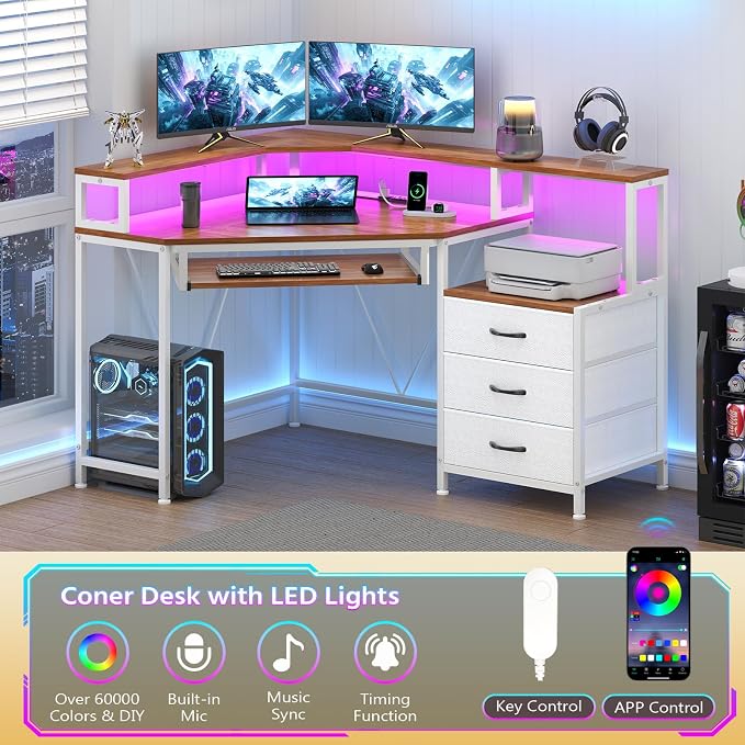 YOMILUVE Small Corner Desk with Drawers, Corner Gaming Desk with Power Outlets & Printer Shelf for Small Space, Triangle Computer Desk with LED Lights, Keyboard Tray and Monitor Stand, Brown and White