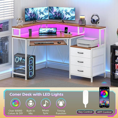 YOMILUVE Small Corner Desk with Drawers, Corner Gaming Desk with Power Outlets & Printer Shelf for Small Space, Triangle Computer Desk with LED Lights, Keyboard Tray and Monitor Stand, Brown and White