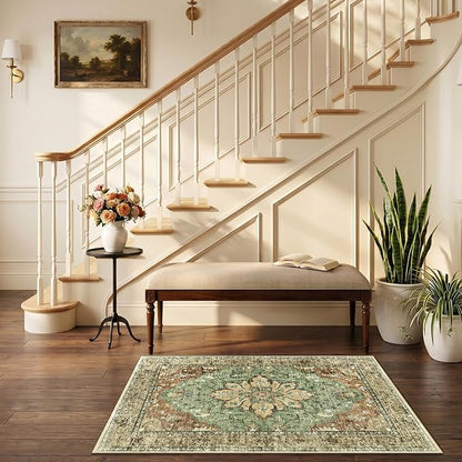RELEANY Area Rugs Small 2'6"x4' Washable Non-Slip, Floral Vintage Distress Medallion Carpet for Kitchen Entryway Bathroom, Terracotta Burnt Orange Green