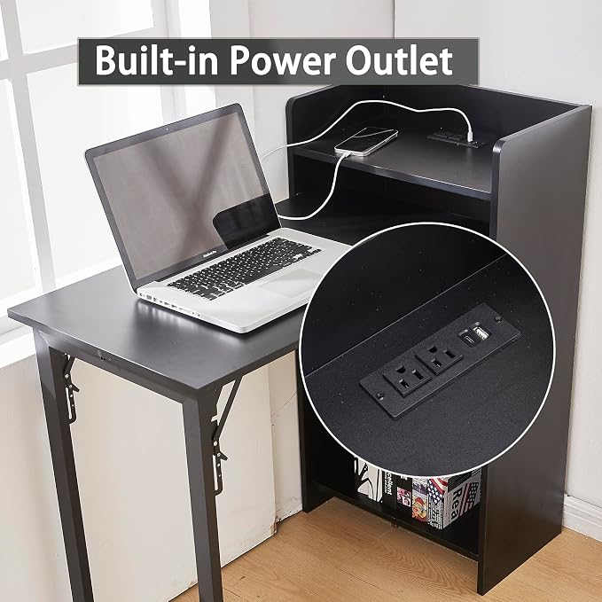 Foldable Desk,Hidden Desk with Storage and Built-in Socket,Mid Century Fold Out Table for Small Spaces,Home Office and Bedroom (Black)