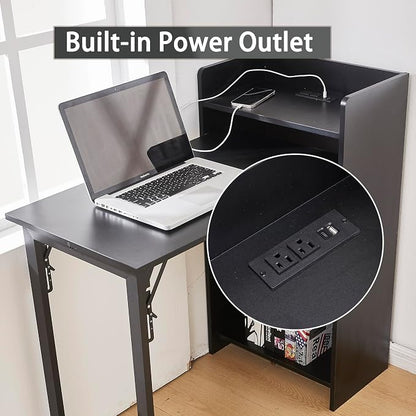 Foldable Desk,Hidden Desk with Storage and Built-in Socket,Mid Century Fold Out Table for Small Spaces,Home Office and Bedroom (Black)