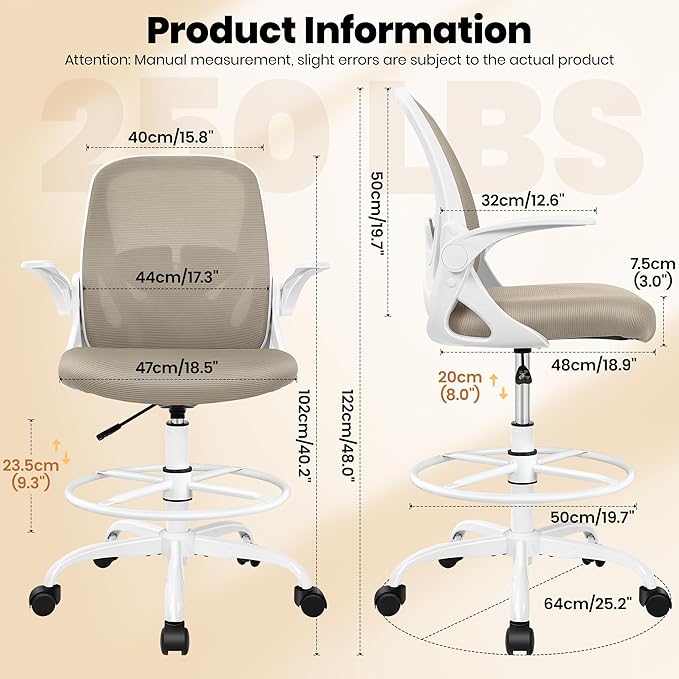 Primy Drafting Chair Tall Office Chair with Flip-up Armrests Executive Ergonomic Computer Standing Desk Chair with Lumbar Support and Adjustable Footrest Ring（Khaki）