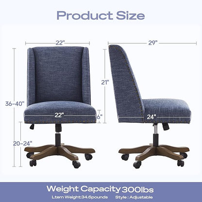 Zihanhome Armless Home Office Chair with Wooden Legs, Modern Adjustable Upholstered Office Desk Chair No Arms Computer Chair Swivel Chair for Home Office Study Studio (Blue)
