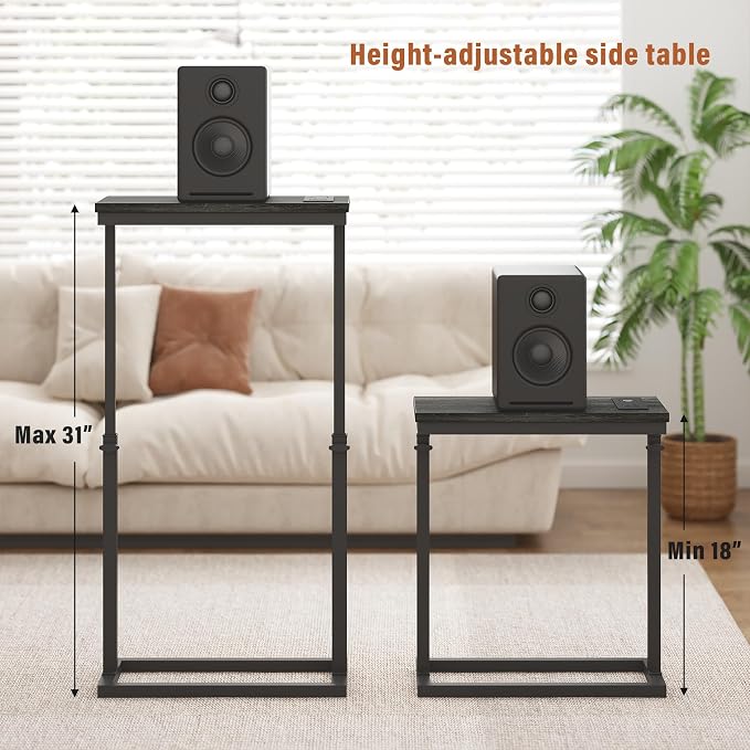 TUTOTAK End Table with Charging Station, Side Table, Tall Couch Table, Sofa Table, Living Room, Bedroom,Grey TB01BY084