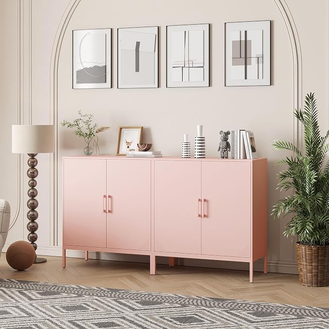 Steehoom Metal Storage Cabinet with 2 Doors, Steel Buffet Sideboard Entryway Locker Cabinet Kitchen Cupboard for Garage, Dining Room, Kitchen, Office, Bar (Pink, 31.5" D x 15.75" W x 35.43" H)