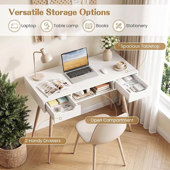 Giantex White Computer Desk with Drawers, 42.5" Minimalist Mid Century Modern Vanity Writing Desk with Open Storage Cubby & Metal Leg, Compact Wooden Study Table for Small Spaces Home Office (White)