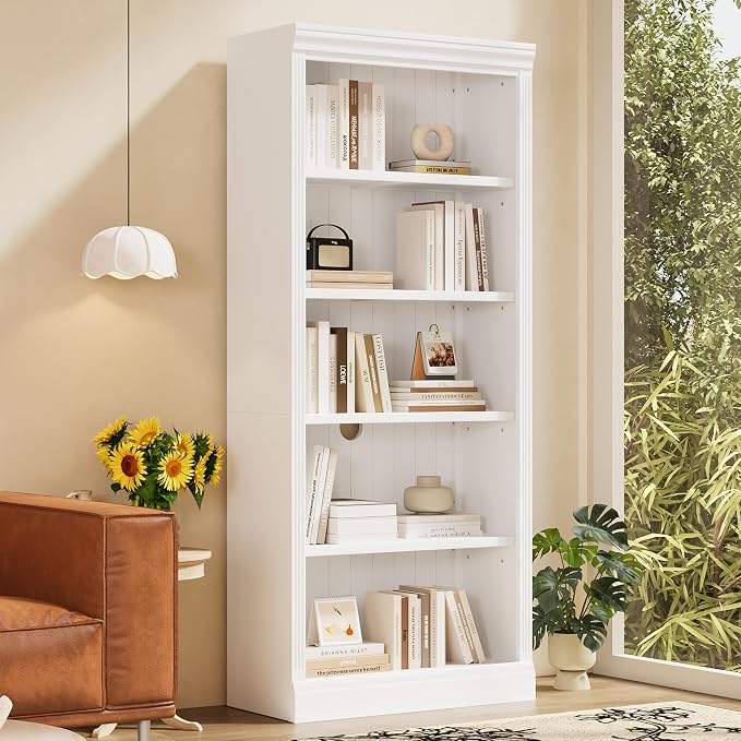 83.4" Tall Wood Bookcase with Light Strip,5-Tier Decor Bookshelves with Adjustable Shelves,Storage Organizer for CDs/Books,Free Standing Storage Shelves for Living Room,Home Office,White