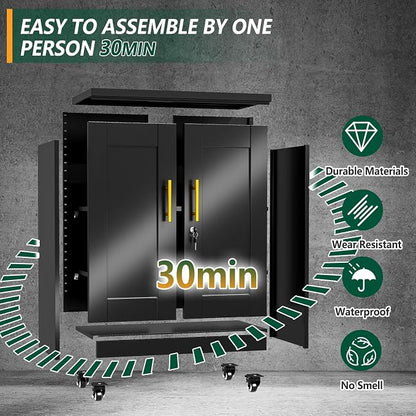 winiowa Tall Metal Storage Cabinet with Lock, Locking File Cabinet with 2 Doors and 2 Adjustable Shelves, Black Lockable Organizer for Home Office Garage（27.6" W）