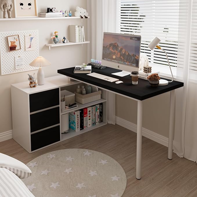 Bobve L Shaped Computer Desk, 47 Inch Home Office Desk with File Drawers & Storage Shelves, Small Corner Computer Desk for Small Space (White+Black)