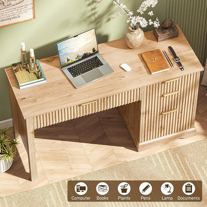 Vabches Fluted Executive Desk with Drawers, Wood Computer Desk with Ample File Drawer, Home Office Desk with Storage for Study, Bedroom, Living Room, Oak