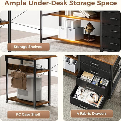 AODK 61" L Shaped Desk with Drawer, Computer Desk with Power Outlets & LED Lights, Reversible Corner Gaming Desks for Home Office Workstation, Office Table with Monitor Shelf, Vintage
