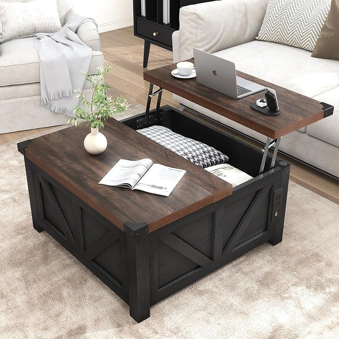 jimeimen Farmhouse Lift Top Coffee Table with Storage, Wood Square Center Table with Charging Station&USB Port, Living Room Table w/Large Hidden Space, for Living Room, Bedroom, Home Office, Black