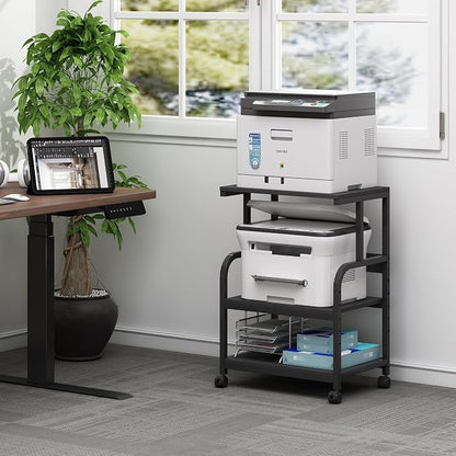 Fannova Printer Stand, 3 Tier Printer Table with Height Adjustable Storage Shelf, Rolling Printer Cart with Wheels for Home Office Organization, Black