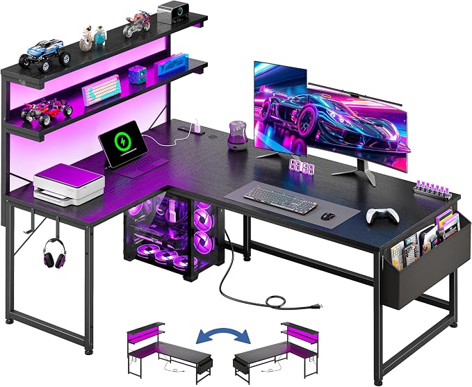 DurayLoly 53 Inch L Shaped Desk Gaming Desk with LED Light & 5 Power Outlet, Reversible Computer Desk with Shelf & Storage Bag Gamer Corner Desk with Headphone Hook for Gaming Room,Small Space,Black