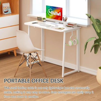 4NM 31.5" Small Folding Desk, Foldable Computer Home Office Desk, Study Writing Table for Small Space Saving Bedroom, Easy Assembly - All White