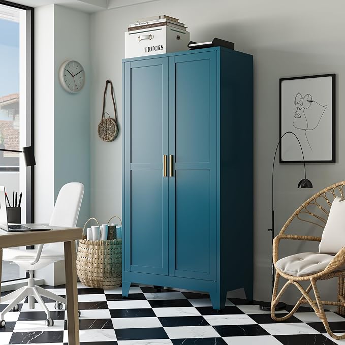 Bevivog Bathroom Storage Cabinet Freestanding, 61" Tall Metal Cabinets with Doors and Shelves, Blue Metal Pantry Cabinet for Kitchen, Living Room, Home Office