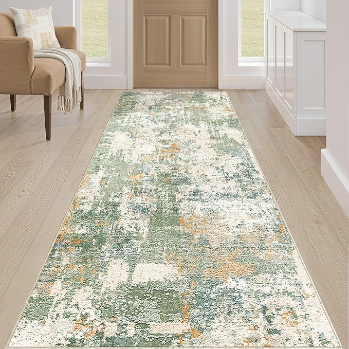 Runner Rug Kitchen Washable Rugs: 2x10 Non-Slip Abstract Soft Modern Stain Resistant Indoor Floor Neutral Accent Throw Carpet for Hallway Bathroom Laundry Room Entryway Bedroom- Green