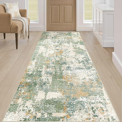 Runner Rug Kitchen Washable Rugs: 3x10 Non-Slip Abstract Soft Modern Stain Resistant Indoor Floor Neutral Accent Throw Carpet for Hallway Bathroom Laundry Room Entryway Bedroom- Green