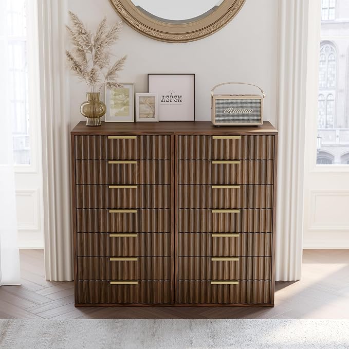 7 Drawer File Cabinet with Wheels for Home Office, Black Walnut | Fluted 7 Drawer Chest, Wood File Cabinet with Lockable Wheels, Anti-Tip Design