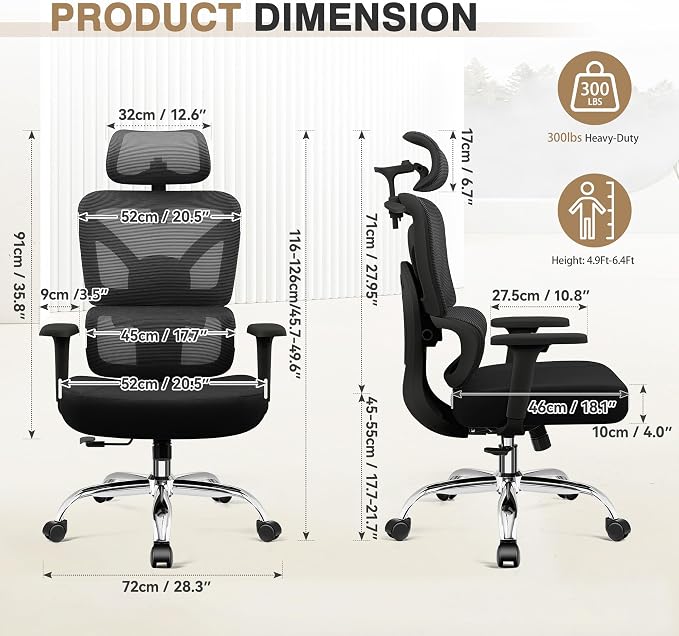 Ergonomic Office Desk Chair, Breathable Mesh Office Chair with Lumbar Support, Computer Desk Chairs Comfy for Home Office, Work, Study, 300LBS, Black, Upgrade