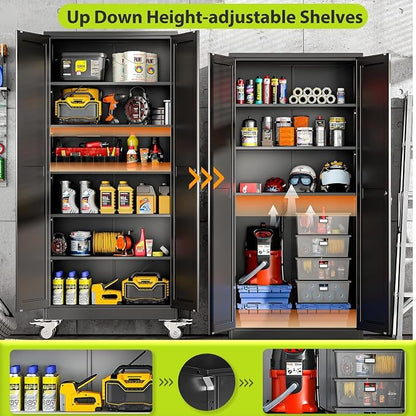 Metal Garage Storage Cabinet with Wheels, 74.8" H x 31.5" W x 15.7" D, Lockable Rolling Steel Tool Cabinet with Adjustable Shelves, Heavy Duty Garage Cabinet for Workshop, Basement, Home, Black