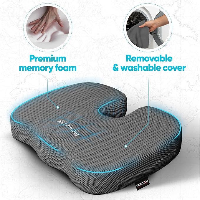 FORTEM Seat Cushion, Office Chair Cushion, Memory Foam Car Seat Cushions, Sciatica Coccyx Tailbone Pain Relief, Chair Cushions for Back Support, Sitting Pad for Gaming, Washable Cover, Non Slip