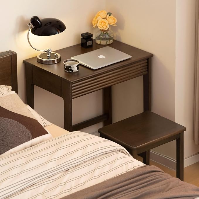 Walnut Finish Solid Wood Desk, Small Writing Desk Home Office Computer Desk for Small Spaces Study Bedroom Work 27.55" W