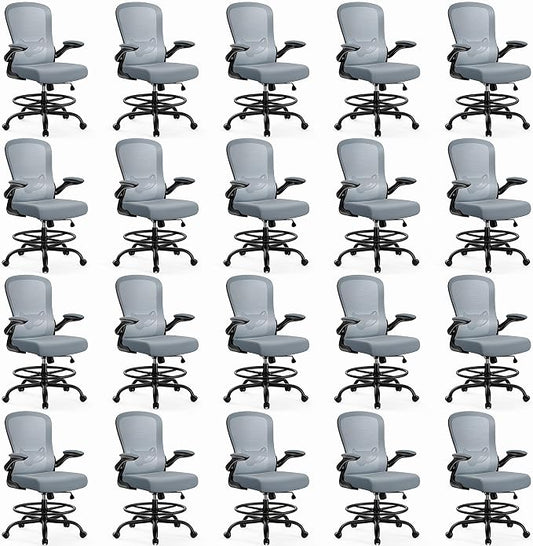 ErGear Drafting Chair,Tall Office Chair with Flip-Up Armrests, High Desk Chair Adjustable Height and Adjustable Footrest Ring, Ergonomic Standing Desk Chair with Lumbar Support, Blue,20 Pack