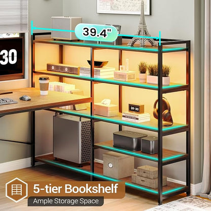 SEDETA L Shaped Desk with Storage Shelves, 64.5" Reversible U Shaped Office Desk with 3 Fabric Drawers, Gaming Desk with Power Outlet & LED Strip for Home Office, Rustic Brown