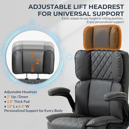 Office Chair with Adjustable Headrest - Executive Leather Desk Chair for Home Office, with Flip-Up Arms & Ergonomic Lumbar Support, Perfect for Work and Study, Gray