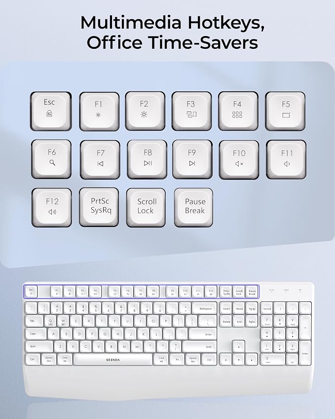 seenda Wireless Bluetooth Keyboard Mouse Combo, COE200 Ergonomic Keyboard with Wrist Rest, Silent Mouse, Multi-Device Connection, Full-Size Compatible for Windows PC Laptop Mac MacBook, White